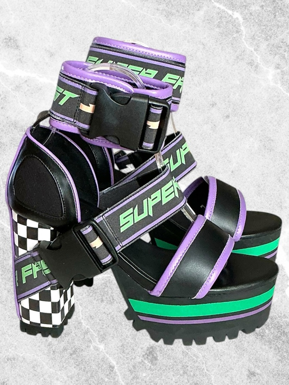 Dolls Kill Current Mood Finish First Moto Platform Sandal Racing Vibe Size 7